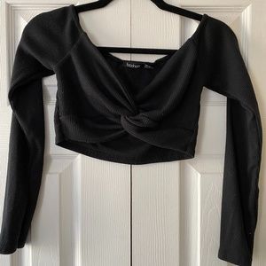 Rib Knit Twist Front Bardot Crop